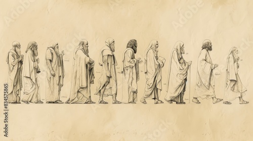 Biblical Illustration of Exodus 6: God's Reassurance to Moses, Reiteration of Covenant with Israel, Genealogical Listing of Moses and Aaron's Lineage on Beige Background with Copyspace photo