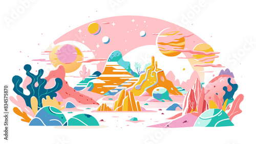 Colorful Fantasy Landscape with Alien Planets and Flora
