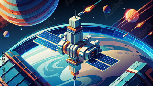 Futuristic Space Station Orbiting a Colorful Alien Planet with Meteors
