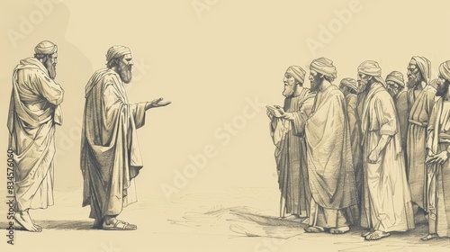 Biblical Illustration of Exodus 5: Moses and Aaron's First Appeal to Pharaoh, Refusal, Increased Burdens on Israelites on Beige Background with Copyspace for Themes of Perseverance and Faith