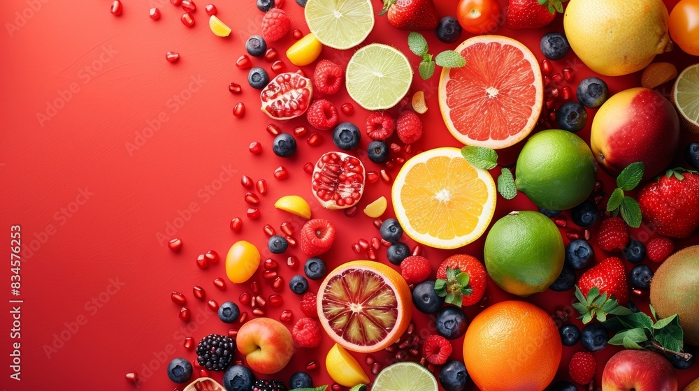 Colorful fruit collage with a variety of fresh fruits on a bright red background, perfect for a summer theme Colorful fruit collage with a variety of fresh fruits on a bright red background, perfect for a summer theme
