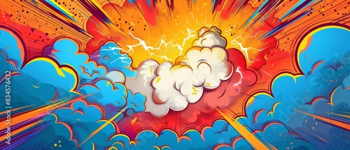 Colorful comic book explosion with exaggerated clouds and lines