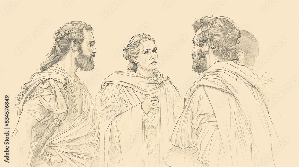 Fototapeta premium Biblical Illustration of Esther 4: Mordecai's Plea to Esther, Her Reluctance and Decision, Risking Her Life for Her People on Beige Background with Copyspace