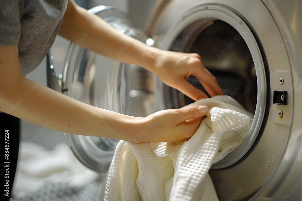 洗濯物を洗濯機にいれる家事をする女性 洗濯物を洗濯機にいれる家事をする女性