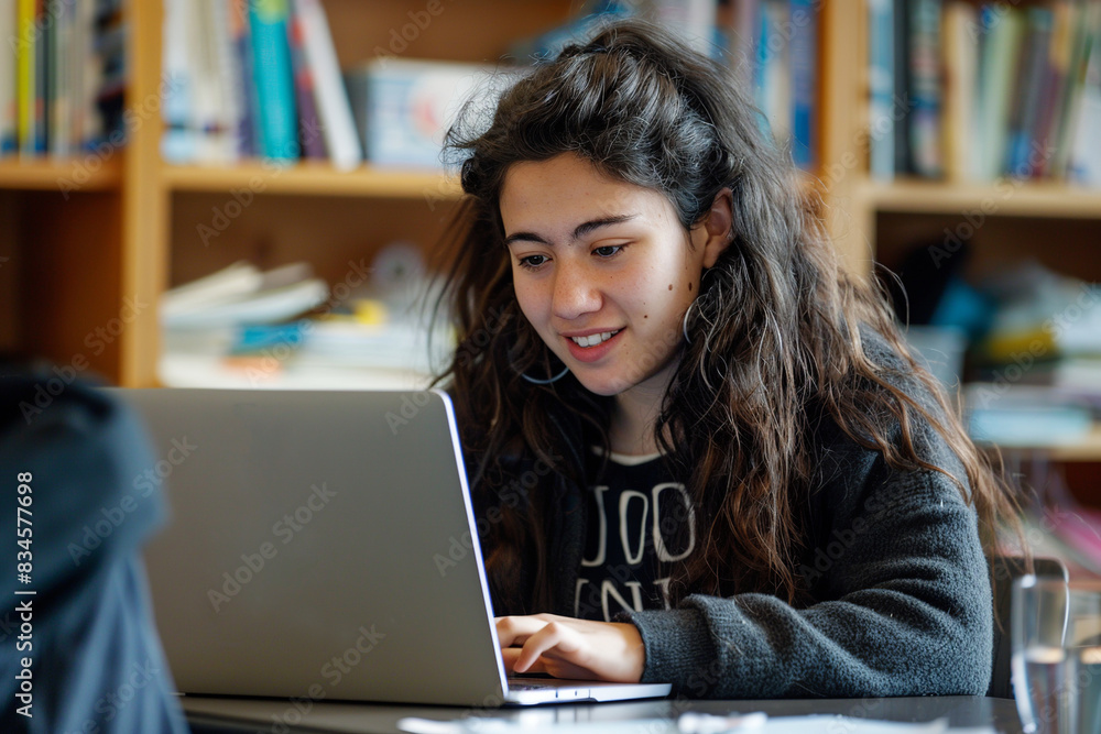 Young woman smiles and looks at laptop in library, happy student. Online education. Young woman smiles and looks at laptop in library, happy student. Online education.