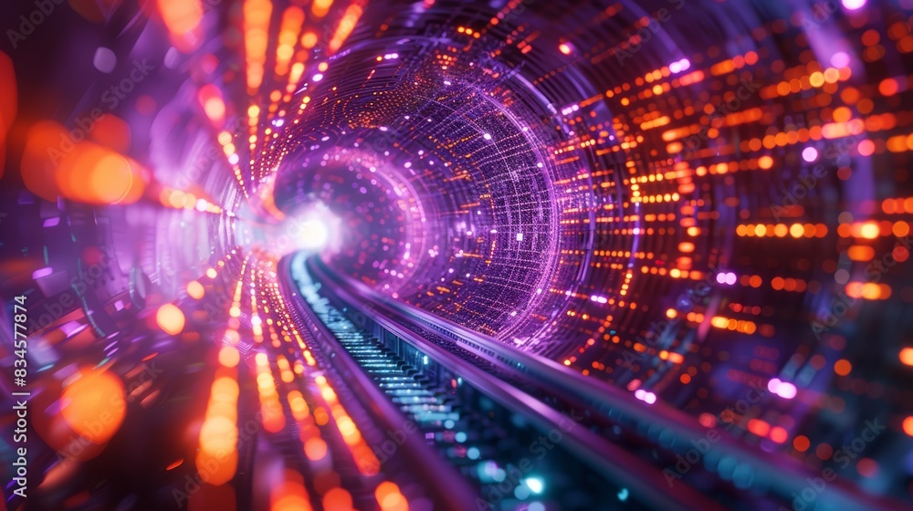 Obraz premium Abstract neon lights into digital technology tunnel