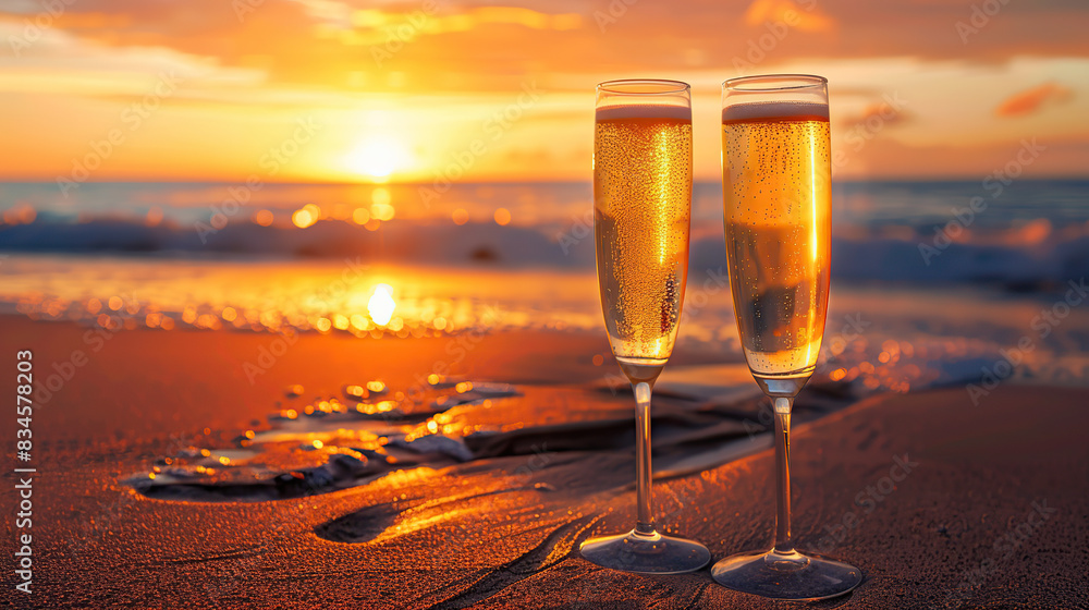 Two glasses of champagne on the beach at sunset, golden light and romantic atmosphere Two glasses of champagne on the beach at sunset, golden light and romantic atmosphere