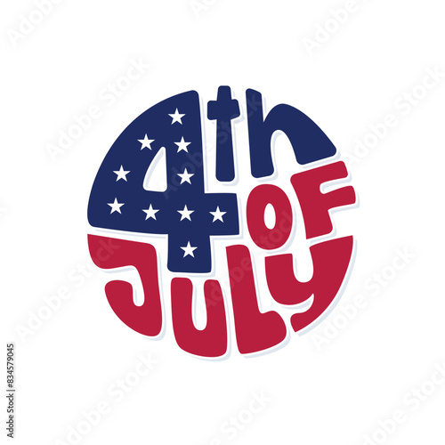 4th of July logo design with custom vector typography. American flag color red and blue text in a circle. 4th of July sticker, stamp, emblem to celebrate Independence Day of USA. Fourth of July poster