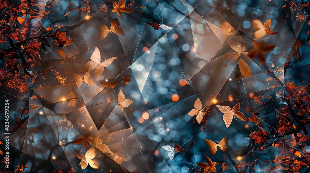 Geometric Introspection: Copper and Mystical Fireflies Against a Twilight Forest Background for Invitation with Space for Writing, Enchanting and Magical Feel with Dusky Night Color Scheme, Metallic Geometric Introspection: Copper and Mystical Fireflies Against a Twilight Forest Background for Invitation with Space for Writing, Enchanting and Magical Feel with Dusky Night Color Scheme, Metallic