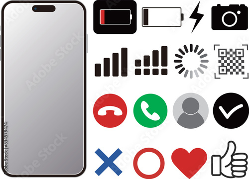 スマートフォンとアイコン充電、電話、電波　のベクターイラストセット