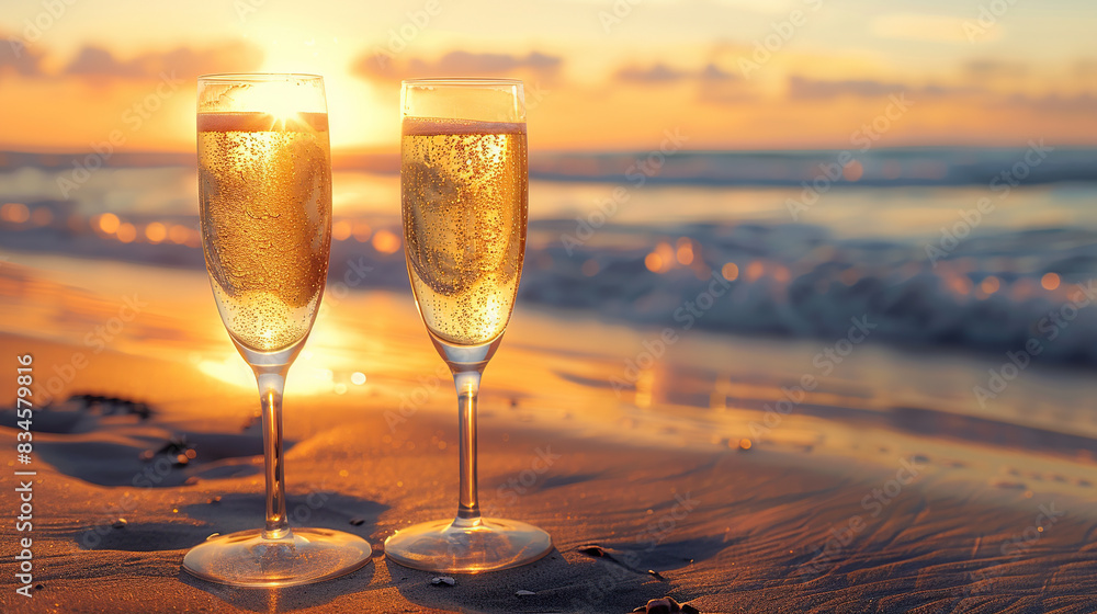 Two glasses of champagne on the beach at sunset, golden light and romantic atmosphere Two glasses of champagne on the beach at sunset, golden light and romantic atmosphere
