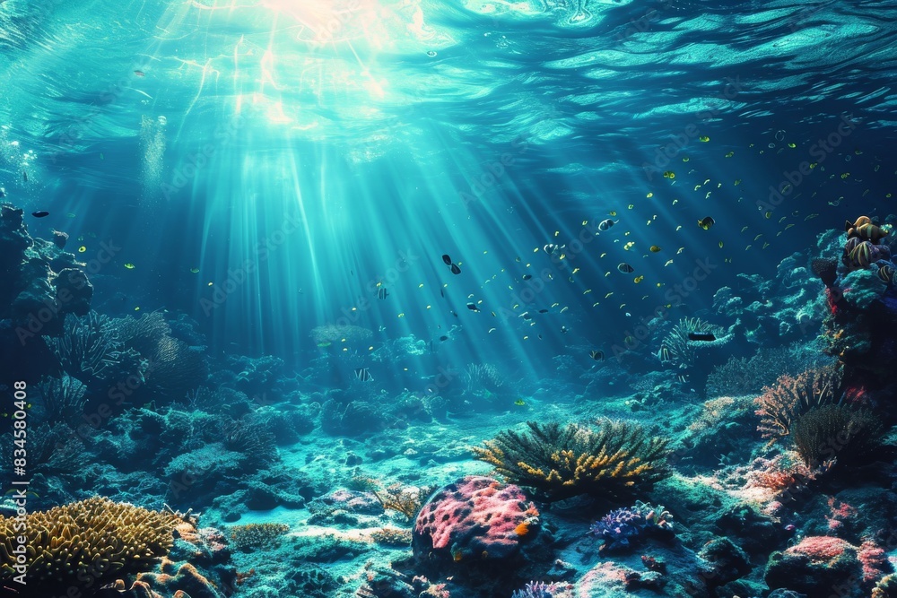 Fototapeta premium Blue ocean background with sunlight and undersea scene, beautiful blue ocean background with sunlight and undersea, AI-generated