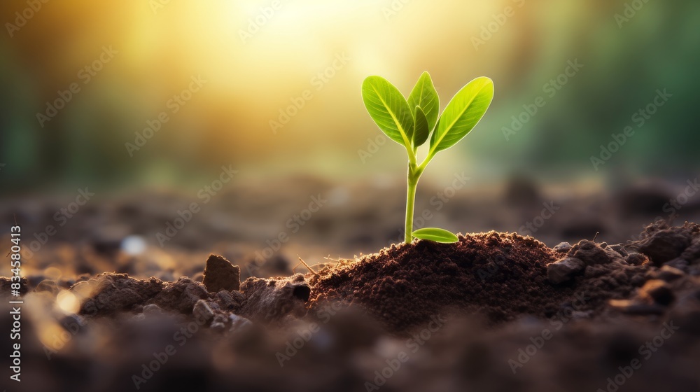 Fototapeta premium Little green sprouts appeared from the ground on a sunny spring day. Closeup of growing little green sprout appearing from the ground