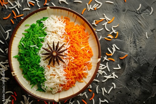 Colorful rice dish styled to reflect the Indian flag, garnished with star anise, on dark background with scattered grains around.