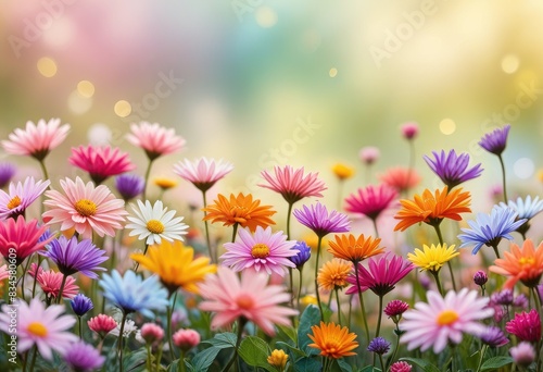 Illustrate a wide, panoramic scene of assorted flowers with translucent petals against a pastel-colored, bokeh-effect backdrop. © Sohel