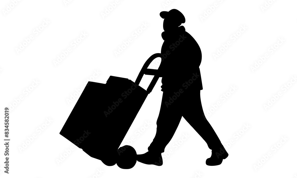 silhouette of Delivery courier pushing trolley with cardboard boxes vector illustration silhouette of Delivery courier pushing trolley with cardboard boxes vector illustration