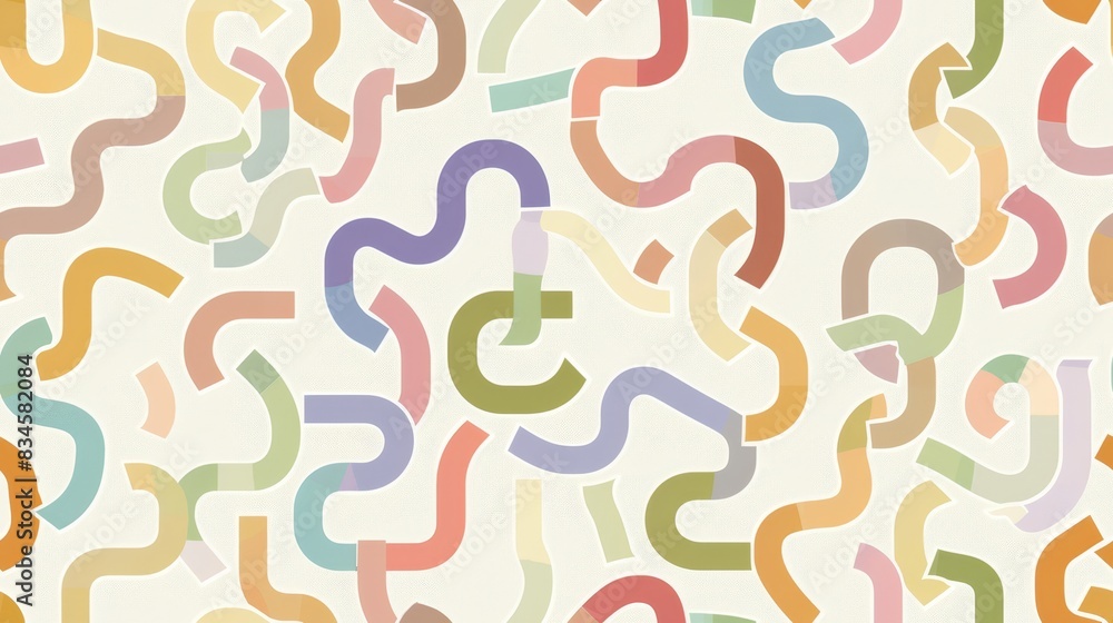 Seamless pattern. Colorful abstract pattern with intertwined, curved lines in various pastel hues, creating a playful and vibrant design on a white background. Seamless pattern. Colorful abstract pattern with intertwined, curved lines in various pastel hues, creating a playful and vibrant design on a white background.