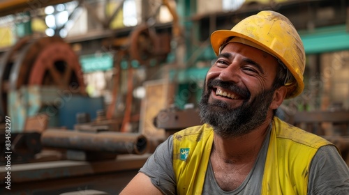 Happy young bearded construction worker in red safety uniform standing in an industrial setting. Engineering and professionalism concept. © mashimara