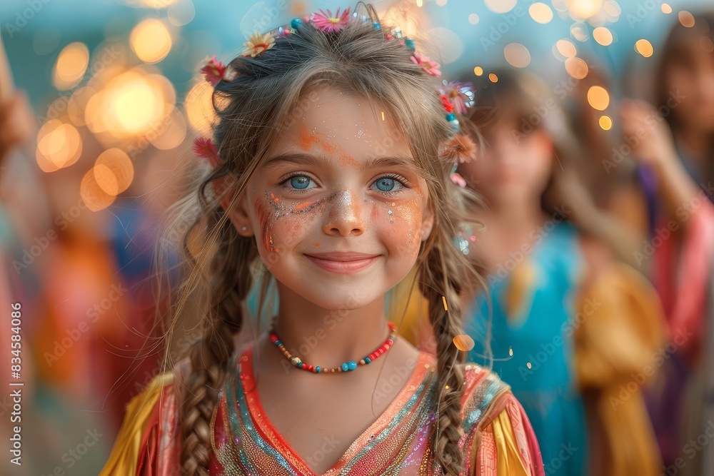 Smiling girl with braids and face paint in a colorful, festive setting with bokeh lights and vibrant background. Smiling girl with braids and face paint in a colorful, festive setting with bokeh lights and vibrant background.