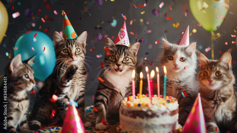 Adorable cats wearing party hats surrounded by birthday cake, balloons, and confetti, creating a festive and joyful atmosphere. Cats Celebrating Birthday with Cake and Balloons
Adorable cats wearing party hats surrounded by birthday cake, balloons, and confetti, creating a festive and joyful atmosphere. Cats Celebrating Birthday with Cake and Balloons