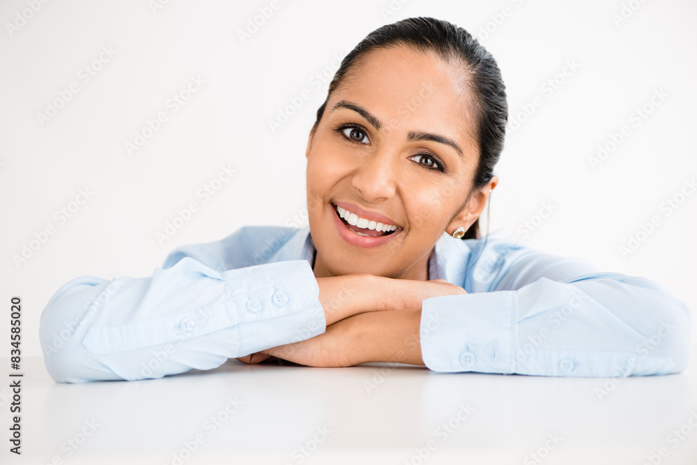 Portrait, smile and studio with woman lawyer on table for legal representation at court or trial. Consulting, justice or trust and friendly attorney on white background firm for administration Portrait, smile and studio with woman lawyer on table for legal representation at court or trial. Consulting, justice or trust and friendly attorney on white background firm for administration