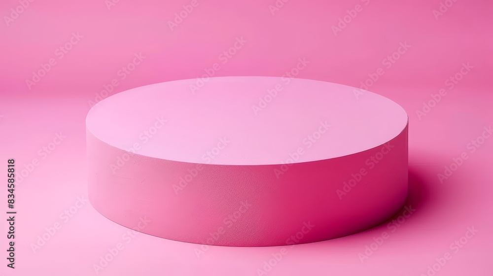 A pink circular object sits atop a pink surface, its own surface light pink, in the image's center A pink circular object sits atop a pink surface, its own surface light pink, in the image's center