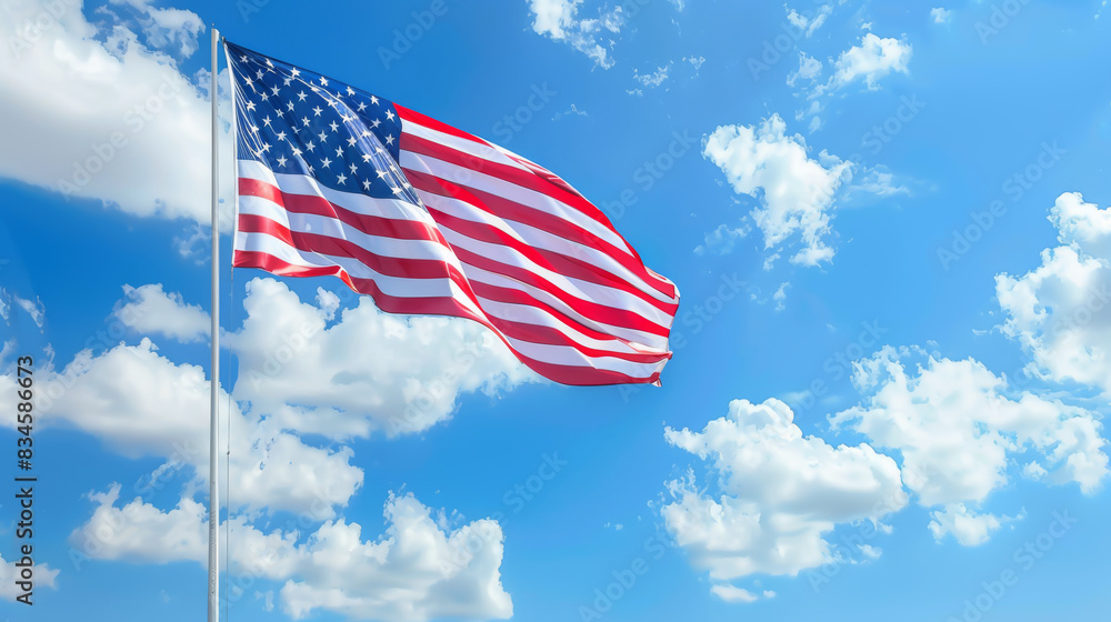 American flag waving in the wind against a clear blue sky with scattered clouds, symbolizing patriotism and freedom. American flag waving in the wind against a clear blue sky with scattered clouds, symbolizing patriotism and freedom.
