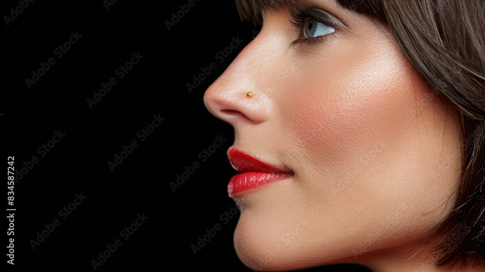 Fototapeta premium A tight shot of a woman's face against a black backdrop Her lips are painted boldly red, and she sports a gold nose ring on the left side