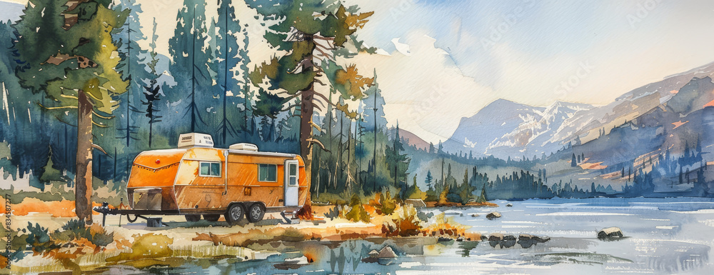 Scenic watercolor painting of a camper by a tranquil lake, surrounded by pine trees and mountains under a clear sky. Scenic watercolor painting of a camper by a tranquil lake, surrounded by pine trees and mountains under a clear sky.