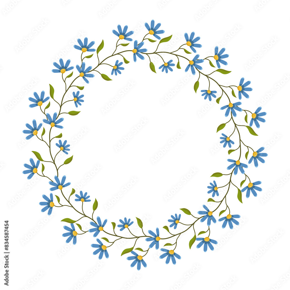 Vector wreath of leaves and flowers. Template for a postcard. Green circle of leaves and flowers. Concept of spring and summer holiday invitation.