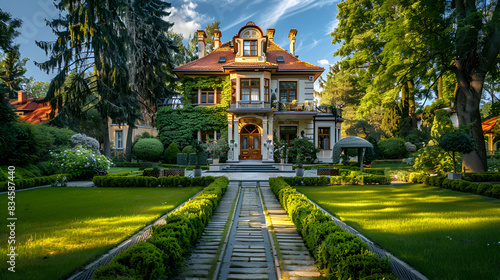 A beautiful large house surrounded by a lush garden of trees and blooming flowers creating a serene oasis  A Victorian era mansion with elaborate garden Sunset in the White House