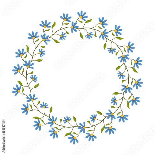 Vector wreath of leaves and flowers. Template for a postcard. Green circle of leaves and flowers. Concept of spring and summer holiday invitation.