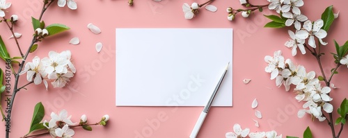 A simple piece of blank stationery with floral motifs, set on a pastel pink background