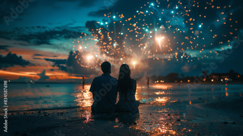 Silhouette of a couple enjoying fireworks on a serene beach at sunset  capturing a romantic moment under the glowing night sky.