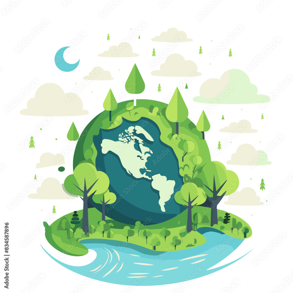 A flat vector logo of the Earth with trees growing on it, surrounded by clouds A flat vector logo of the Earth with trees growing on it, surrounded by clouds
