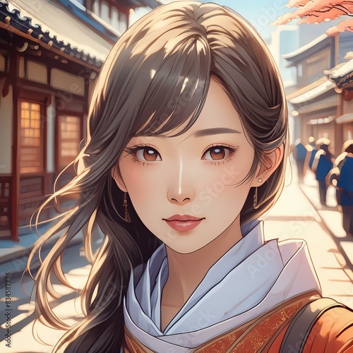 a beautiful woman in her 20s with big eyes and a sharp nose walking down the street