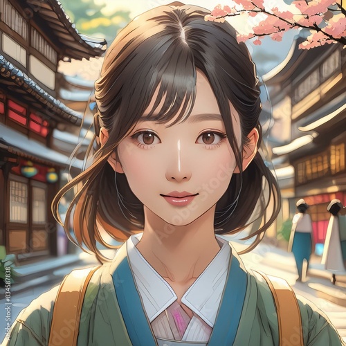 a beautiful woman in her 20s with big eyes and a sharp nose walking down the street