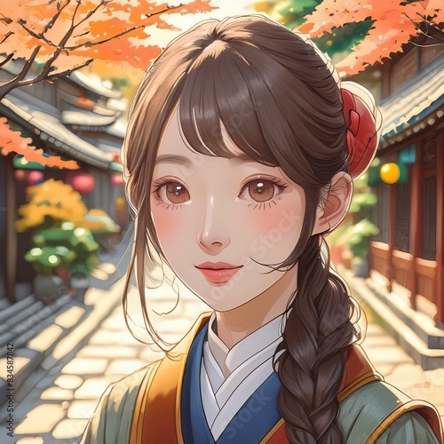 a beautiful woman in her 20s with big eyes and a sharp nose walking down the street