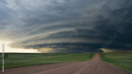 dramatic time-lapse of a supercell thunderstorm forming over a rural landscape, showcasing the dynamic movement of clouds and changing light conditions