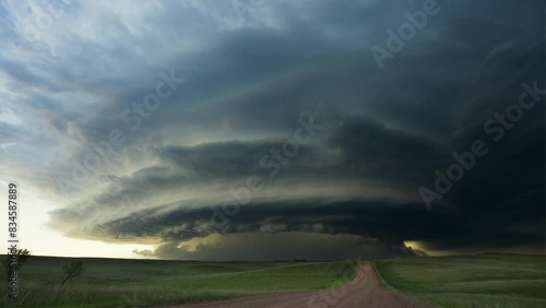 dramatic time-lapse of a supercell thunderstorm forming over a rural landscape, showcasing the dynamic movement of clouds and changing light conditions