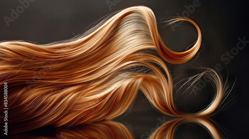 A side view of smooth, flowing hair draped over a reflective surface, the silkiness and shine beautifully captured