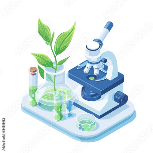 An isometric vector icon of a laboratory with plants and test tubes