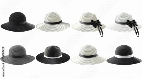 one bears a black bow atop, another has a white base with a black bow; all hats are black and white