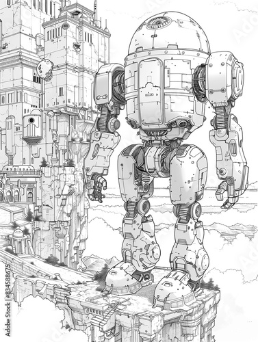 Robots coloring page in the future city. Cartoon style hand drawing sketch coloring book futuristic street illustration. 