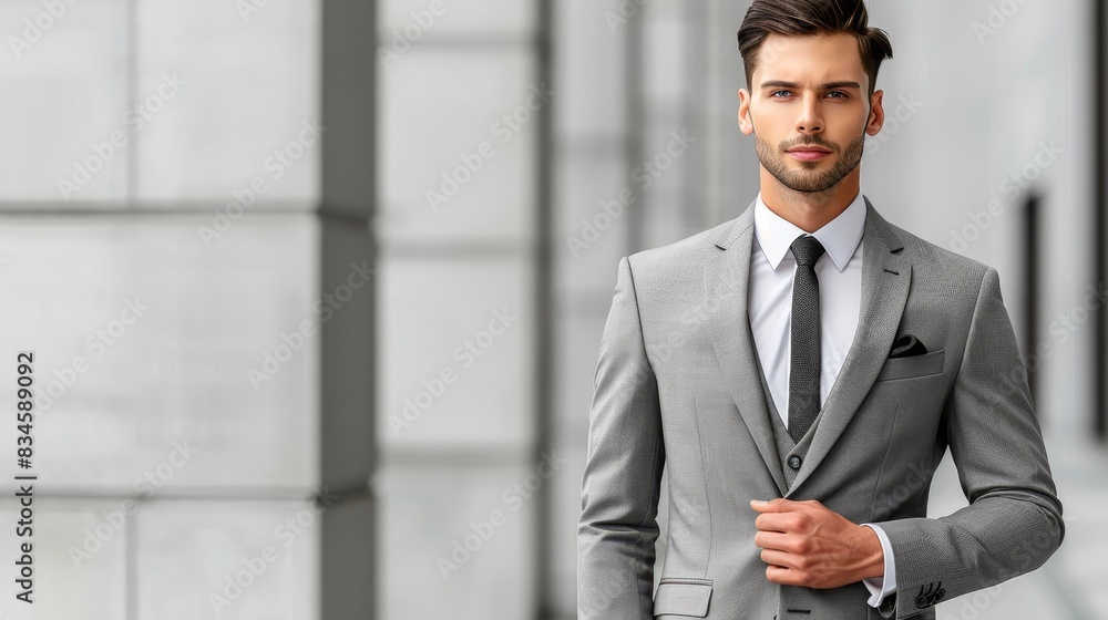 black pants and jacket, white shirt, black tie;..Standing in front of a building;..Hands in pockets, pocket square visible black pants and jacket, white shirt, black tie;..Standing in front of a building;..Hands in pockets, pocket square visible