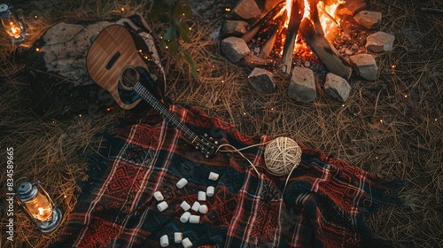 A Tartan guitar lies beside a blazing campfire, adding a touch of plaid pattern to the rustic setting. The warm glow of the fire creates a cozy atmosphere for recreational musicmaking AIG50 photo