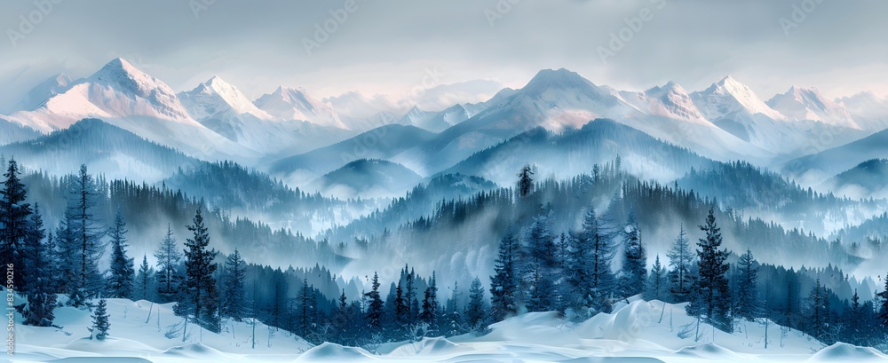 Obraz premium Winter landscape with mountains and pine trees in blue and gray colours.