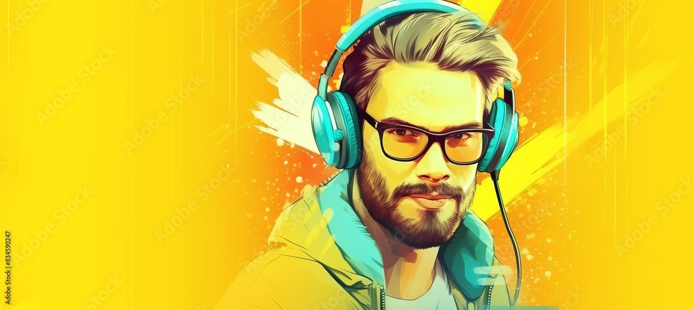 A man in glasses and headphones listens to music on an abstract bright background with copyspace