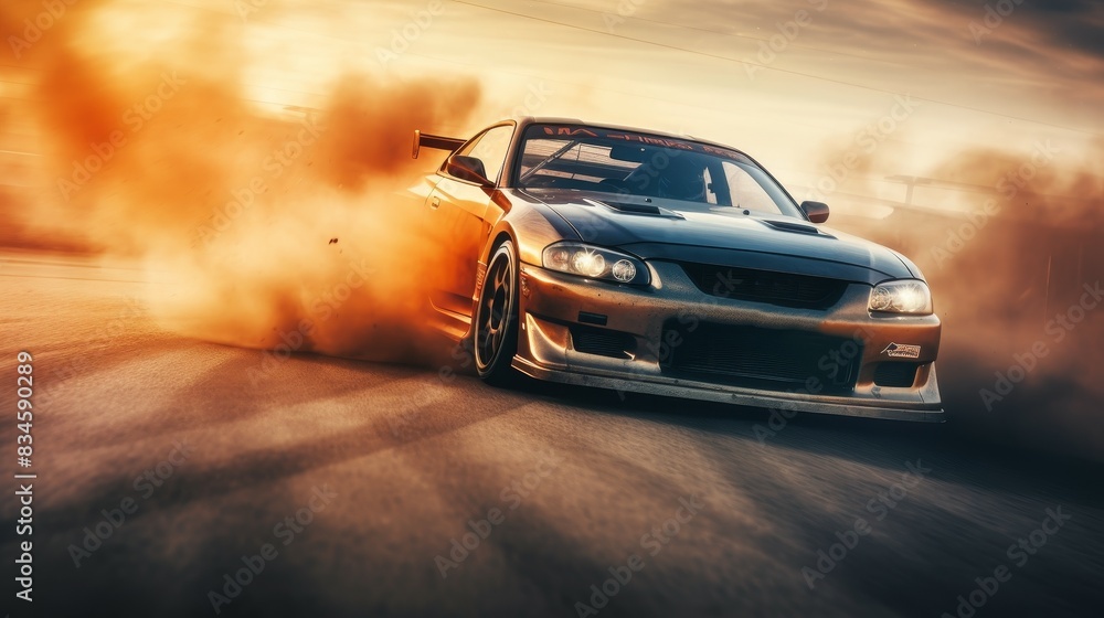 Naklejka premium Racing car drifts on the road at high speed