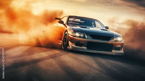 Racing car drifts on the road at high speed